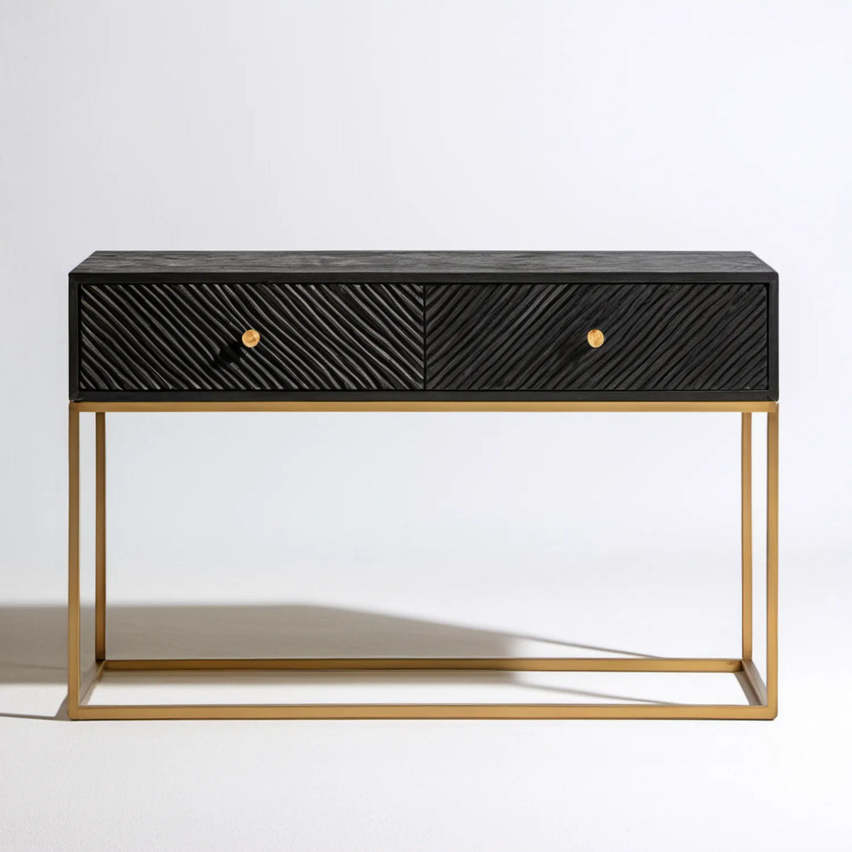 Czarna konsola z 2 szufladami i złotym stelażem, 120 x 35 x 80 cm, MDF i stal