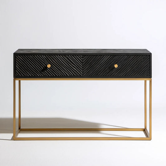 Czarna konsola z 2 szufladami i złotym stelażem, 120 x 35 x 80 cm, MDF i stal