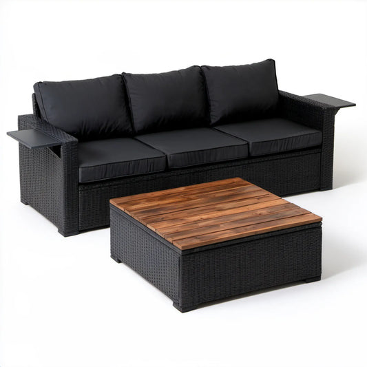Czarny zestaw ogrodowy z technorattanu PE, sofa 3-osobowa 210 x 80 x 85 cm i stolik 100 x 60 x 40 cm