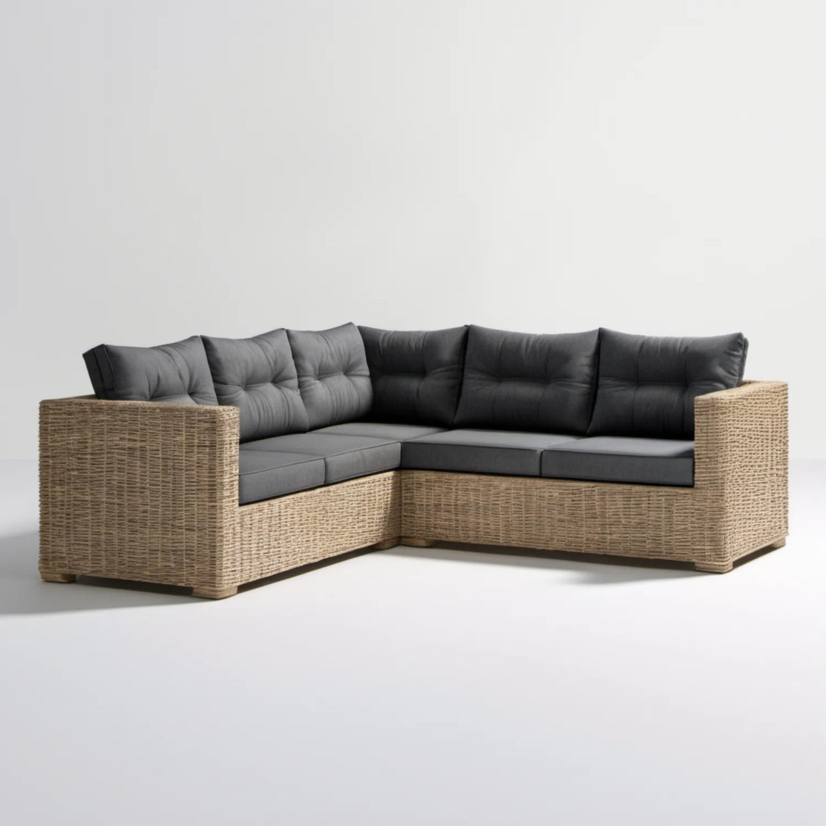 5-osobowa narożna sofa ogrodowa z plecionki PE, beżowo-czarna, 210 × 210 × 85 cm