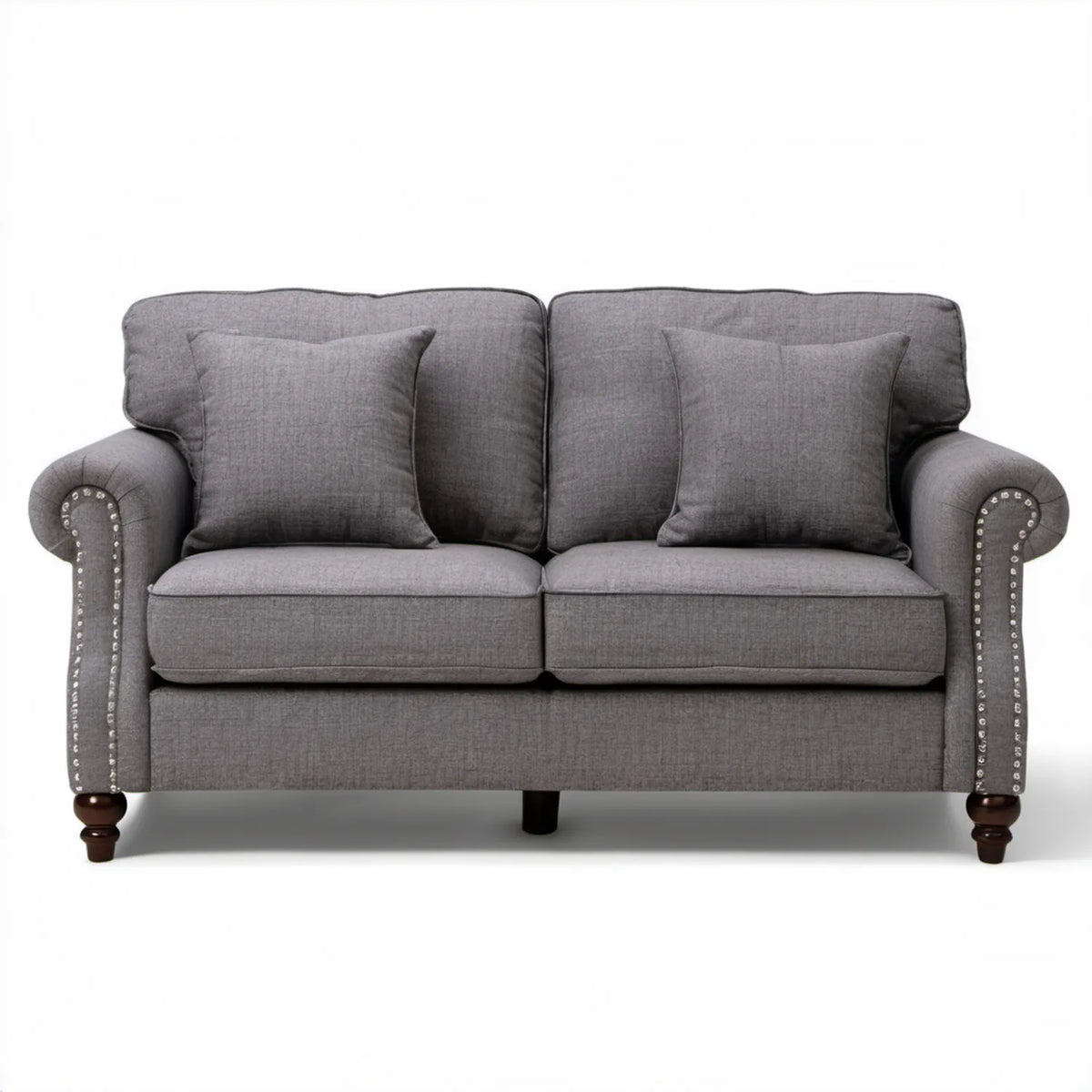 Dwuosobowa sofa szara 170 x 90 x 92 cm z ciemnobrązowymi nogami i srebrnymi detalami