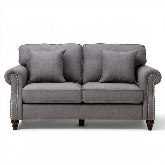 Dwuosobowa sofa szara 170 x 90 x 92 cm z ciemnobrązowymi nogami i srebrnymi detalami