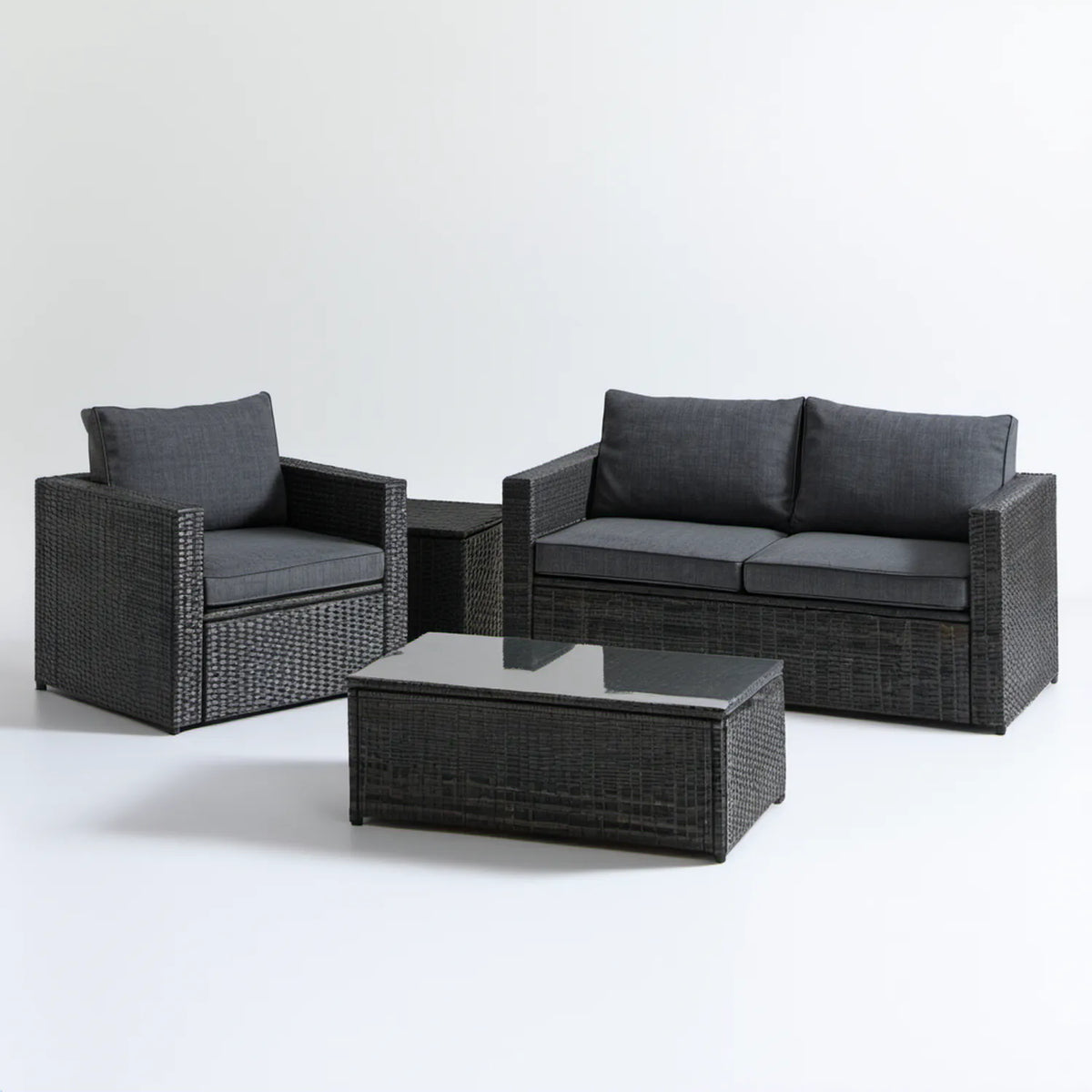 Czarno-grafitowy komplet wypoczynkowy z technorattanu PE, sofa 124 x 70 x 63 cm, fotel, 2 stoliki