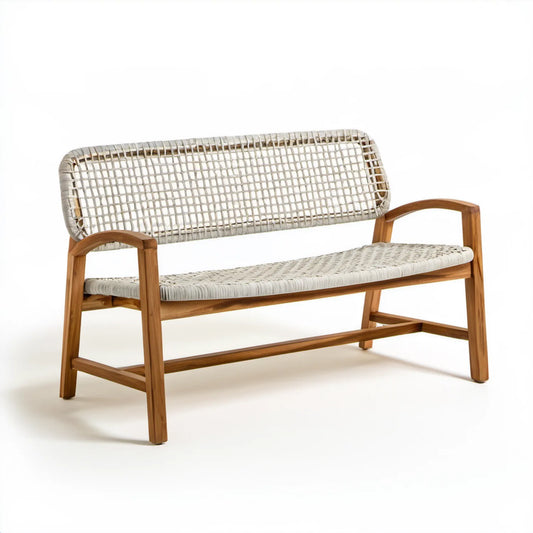 Dwuosobowa ławka ogrodowa z drewna akacjowego i plecionki PE, brązowo-biała, 120 × 65 × 80 cm