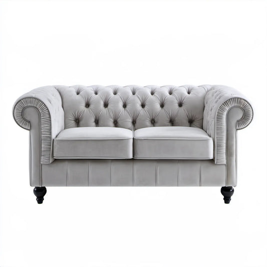 Dwuosobowa sofa Chesterfield z aksamitu poliestrowego, jasnoszara/czarna, 165 x 90 x 75 cm