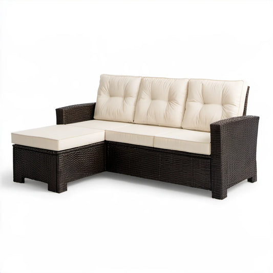 Narożna sofa ogrodowa z technorattanu, ciemnobrązowa/kremowa, 180 × 130 × 65 cm