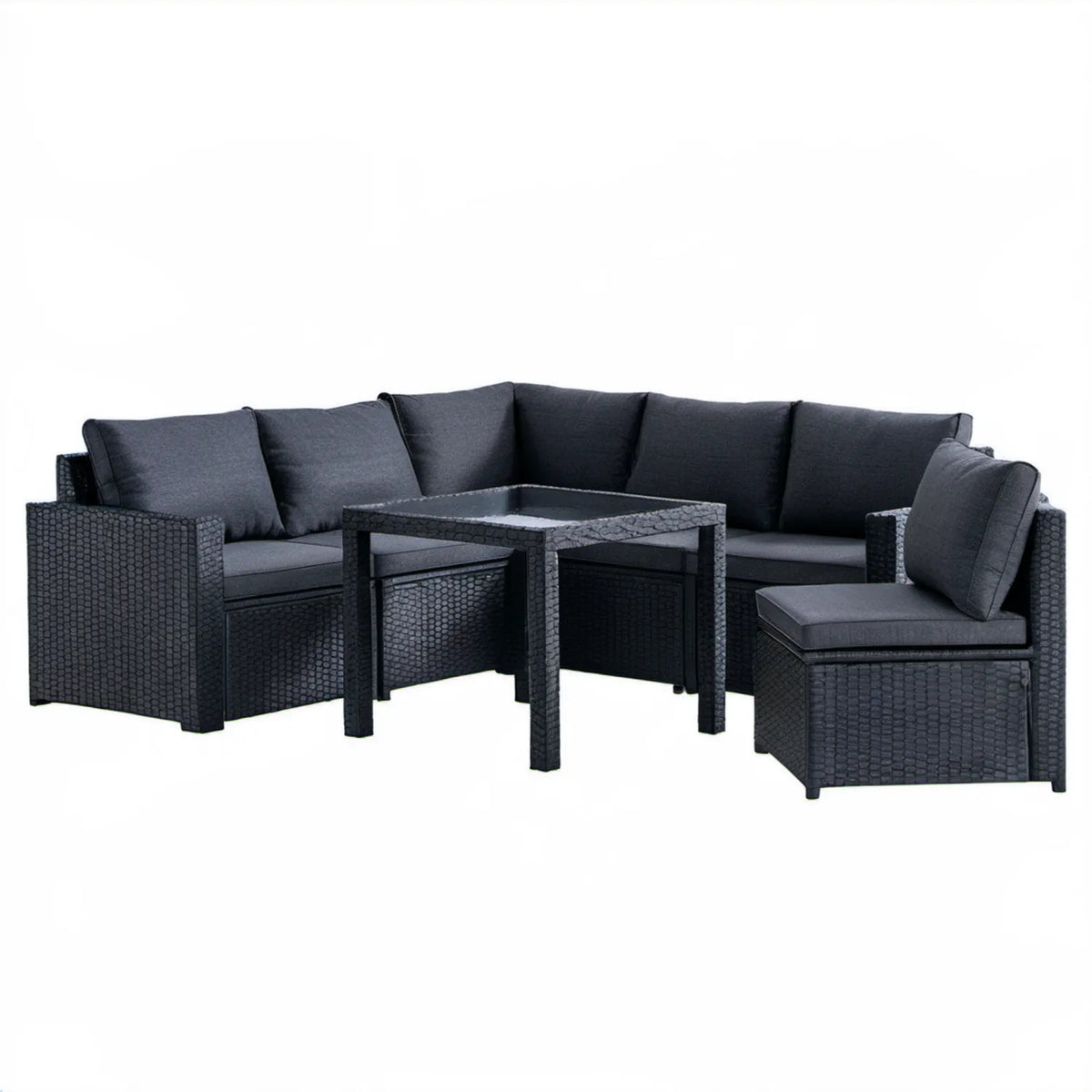 Czarny zestaw wypoczynkowy z technorattanu PE, sofa narożna 200 x 200 cm, stół i fotel