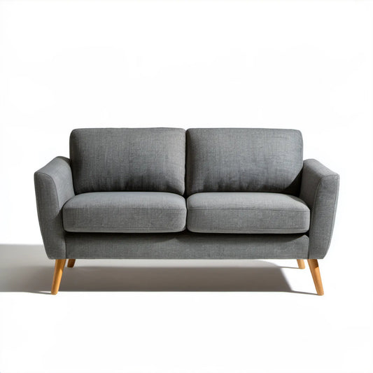 Dwuosobowa sofa skandynawska szara z jasnobrązowymi nóżkami, 145 x 80 x 85 cm