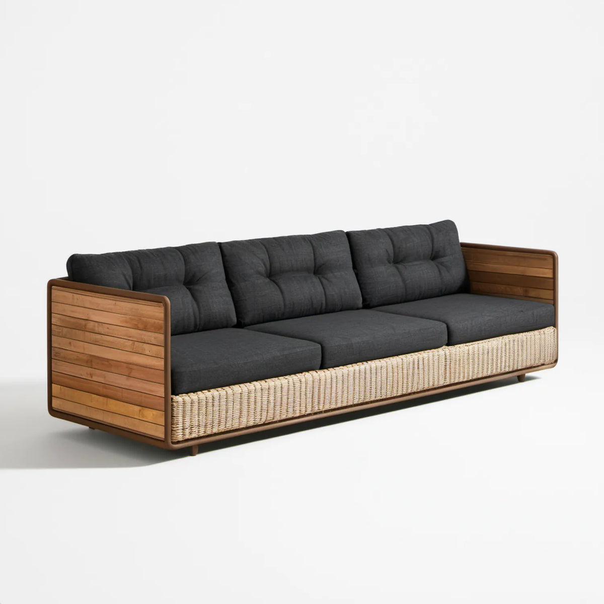 3-osobowa sofa ogrodowa grafitowo-brązowo-beżowa 220 x 85 x 75 cm z drewna akacjowego i plecionki PE